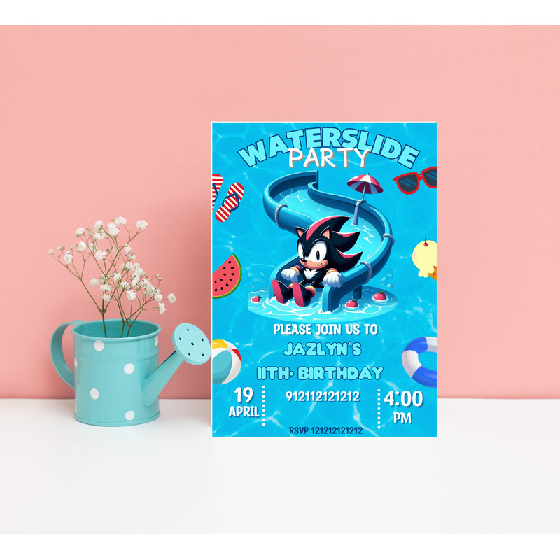 Shadow Sonic Pool Party Invitation Waterslide Birthday Bash Editable Canva Template 0