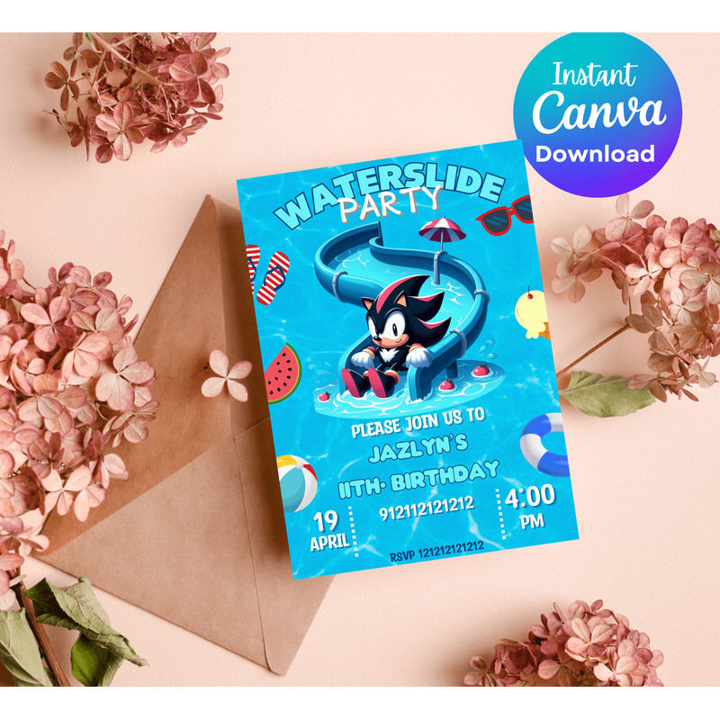Shadow Sonic Pool Party Invitation Waterslide Birthday Bash Editable Canva Template 3