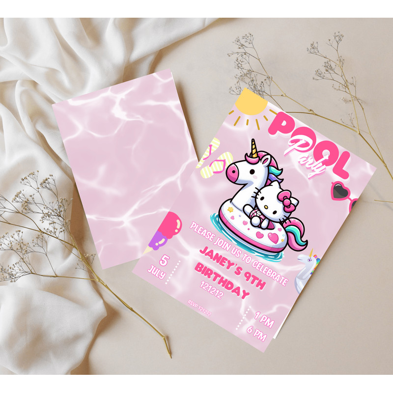Hello Kitty Unicorn Pool Birthday Invitation Kawaii Summer Party Editable Canva Template Cute Pr 0