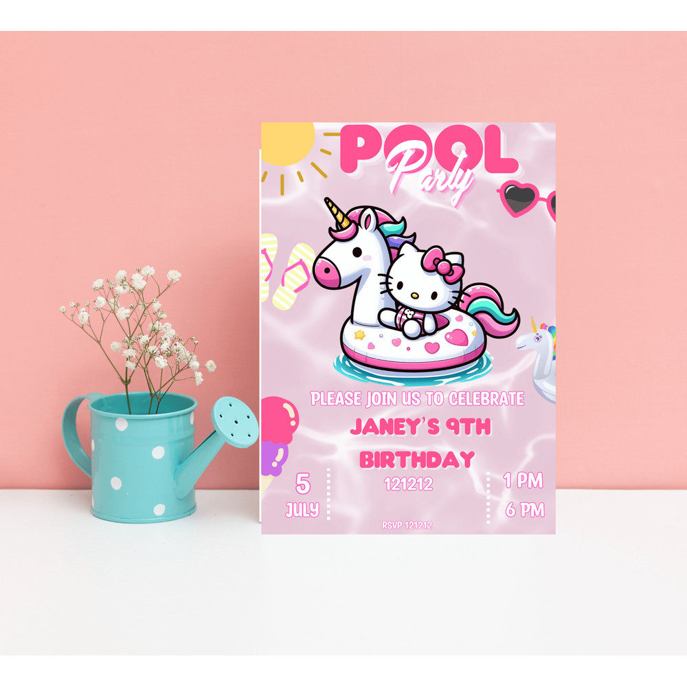 Hello Kitty Unicorn Pool Birthday Invitation Kawaii Summer Party Editable Canva Template Cute Pr 1