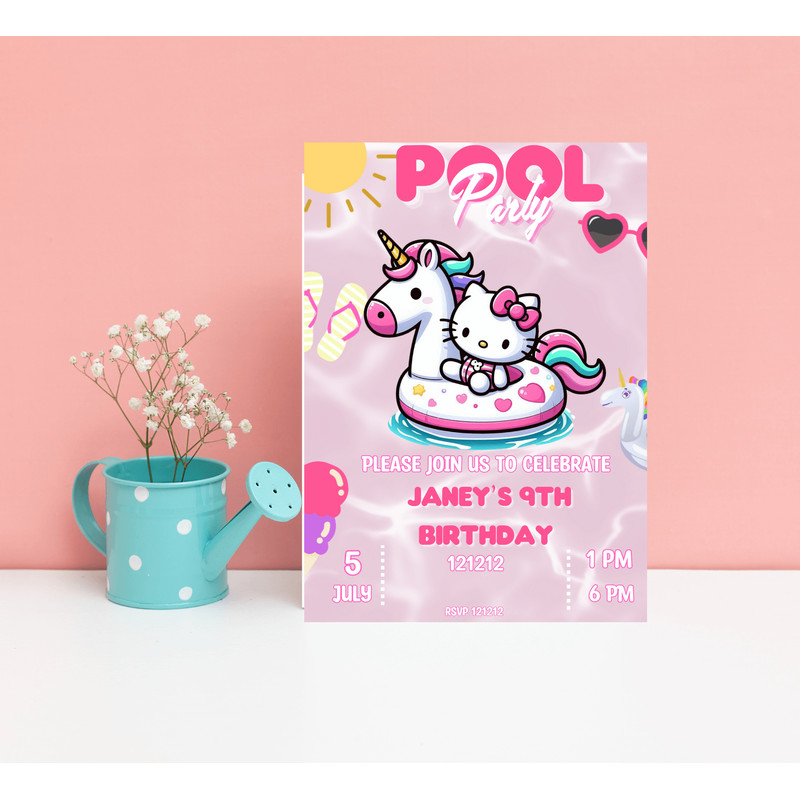 Hello Kitty Unicorn Pool Birthday Invitation Kawaii Summer Party Editable Canva Template Cute Pr 1