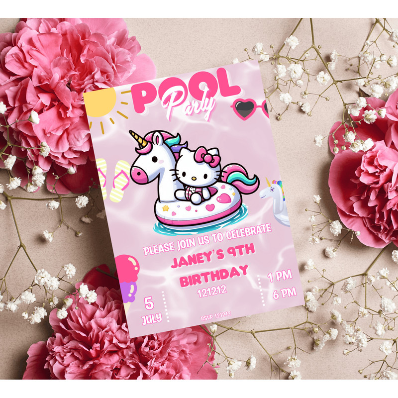 Hello Kitty Unicorn Pool Birthday Invitation Kawaii Summer Party Editable Canva Template Cute Pr 3