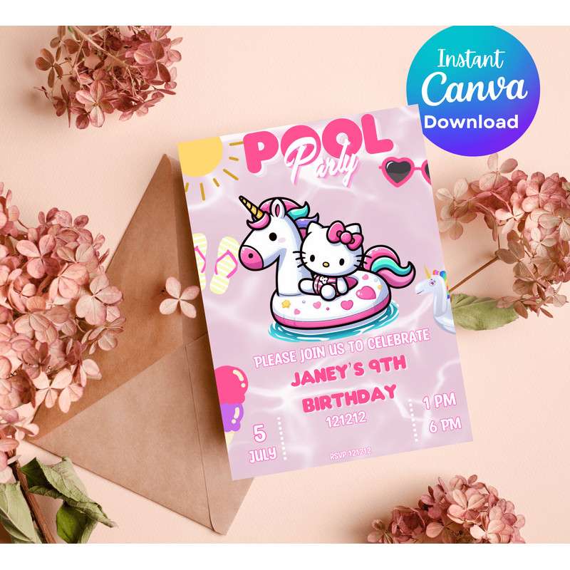 Hello Kitty Unicorn Pool Birthday Invitation Kawaii Summer Party Editable Canva Template Cute Pr 4