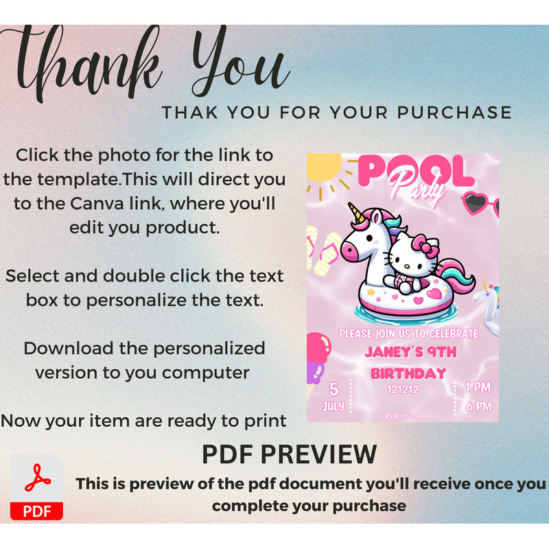 Hello Kitty Unicorn Pool Birthday Invitation Kawaii Summer Party Editable Canva Template Cute Pr 7