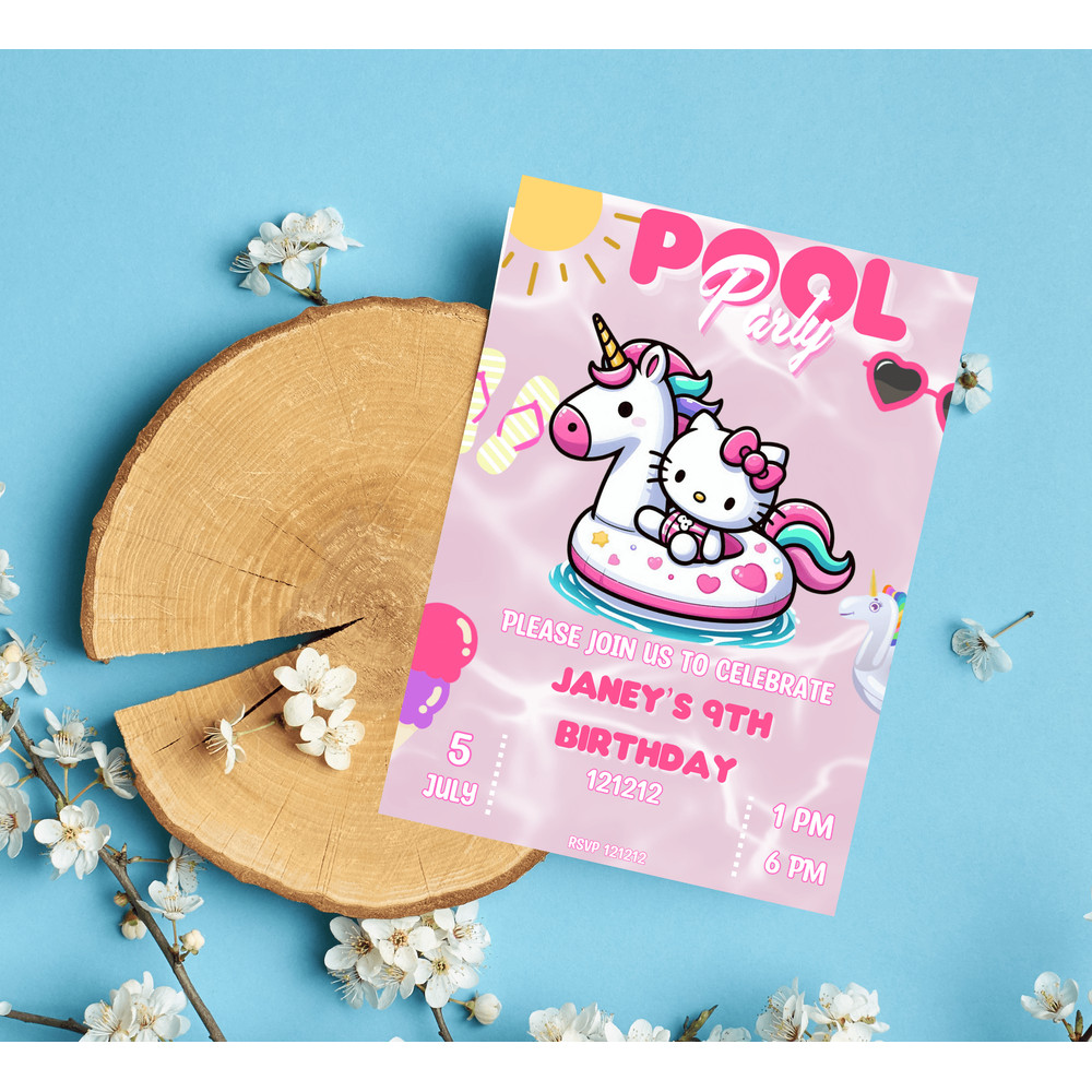Hello Kitty Unicorn Pool Birthday Invitation Kawaii Summer Party Editable Canva Template Cute Pr 8