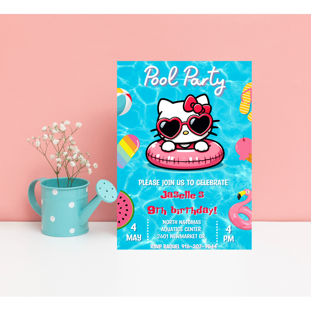 Hello Kitty Red Pool Party Invitation Kawaii Birthday Invite Editable Canva Template Summer Spla 0