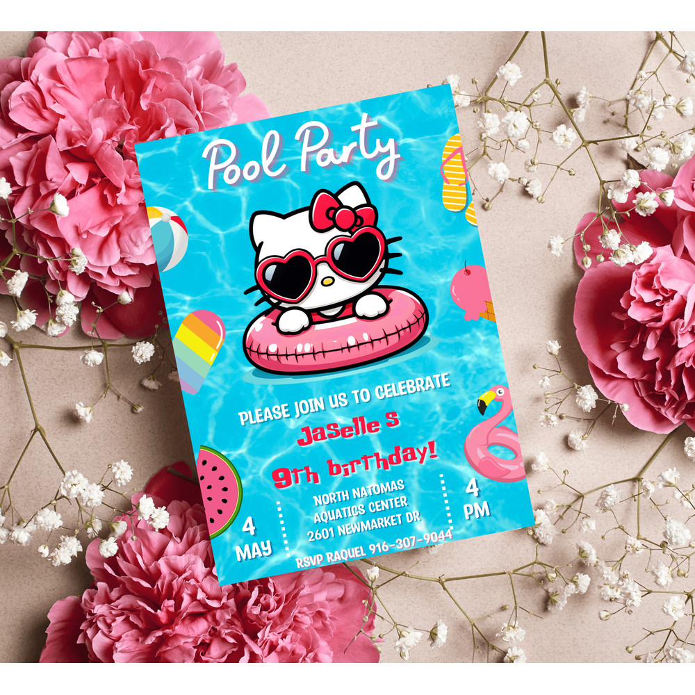 Hello Kitty Red Pool Party Invitation Kawaii Birthday Invite Editable Canva Template Summer Spla 2