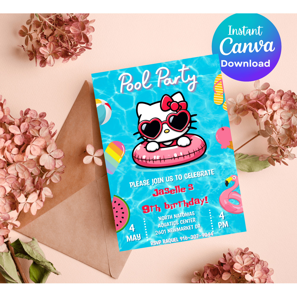 Hello Kitty Red Pool Party Invitation Kawaii Birthday Invite Editable Canva Template Summer Spla 3