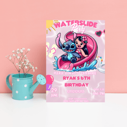 stitch & lilo pink waterslide pool party invitation | tropical birthday invite | editable canva template | summer splash
