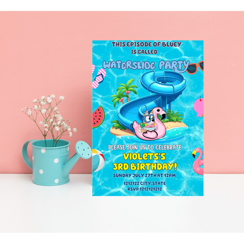 Bluey Yellow Waterslide Pool Party Invitation Heeler Dog Summer Birthday Invite Editable Canva 0
