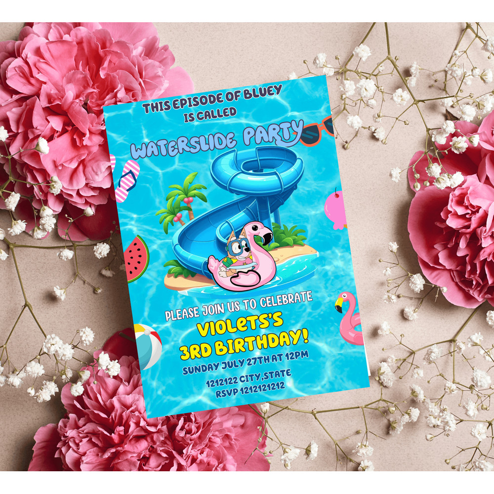 Bluey Yellow Waterslide Pool Party Invitation Heeler Dog Summer Birthday Invite Editable Canva 2