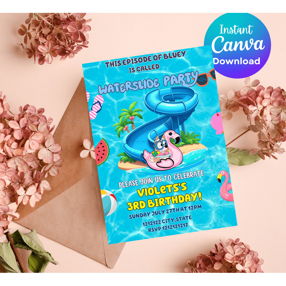 Bluey Yellow Waterslide Pool Party Invitation Heeler Dog Summer Birthday Invite Editable Canva 3