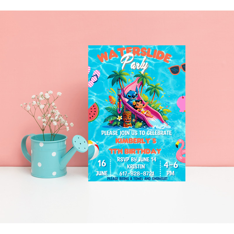 Stitch Lilo Tropical Hawaii Waterslide Birthday Invitation Luau Pool Party Invite Editable Canva 0