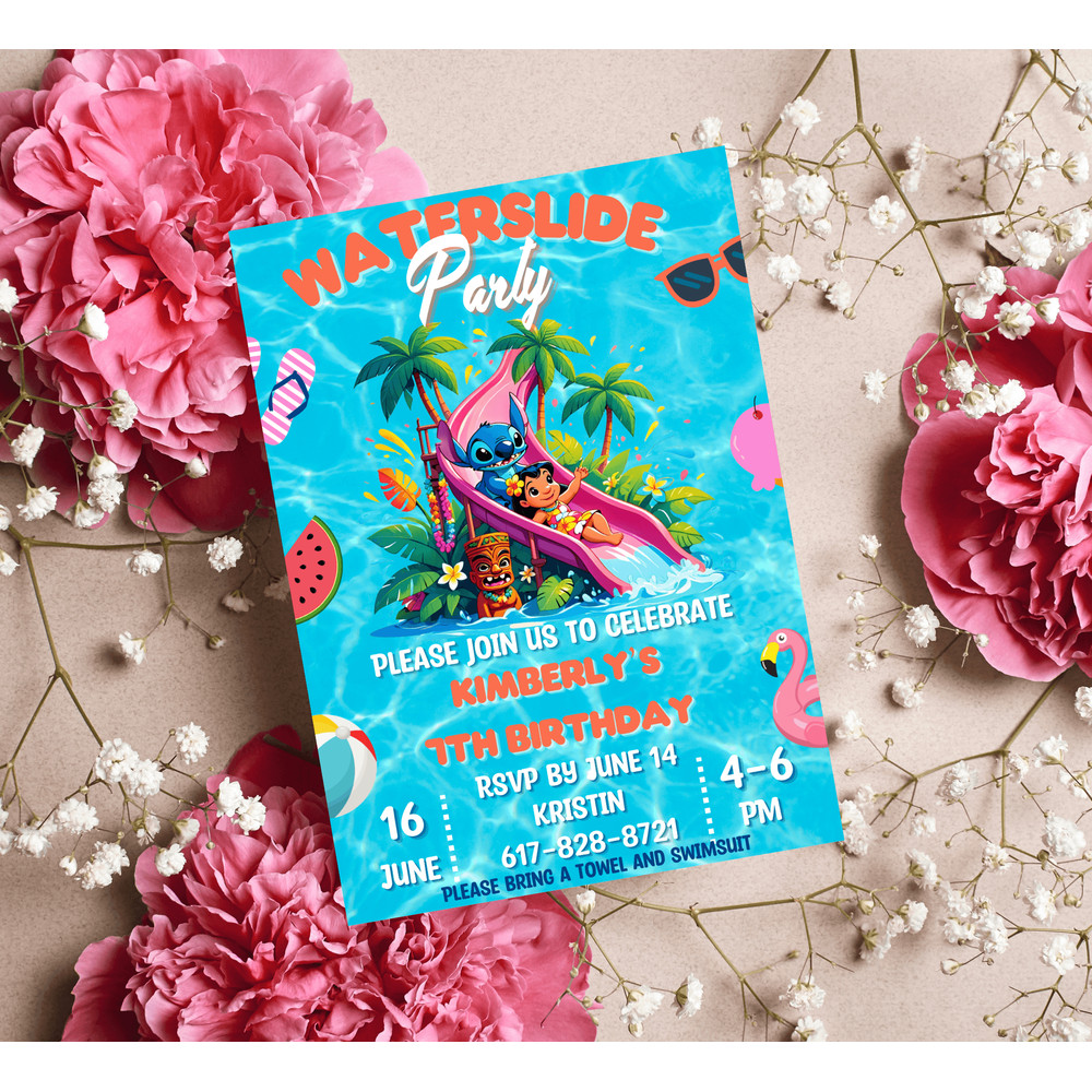 Stitch Lilo Tropical Hawaii Waterslide Birthday Invitation Luau Pool Party Invite Editable Canva 2
