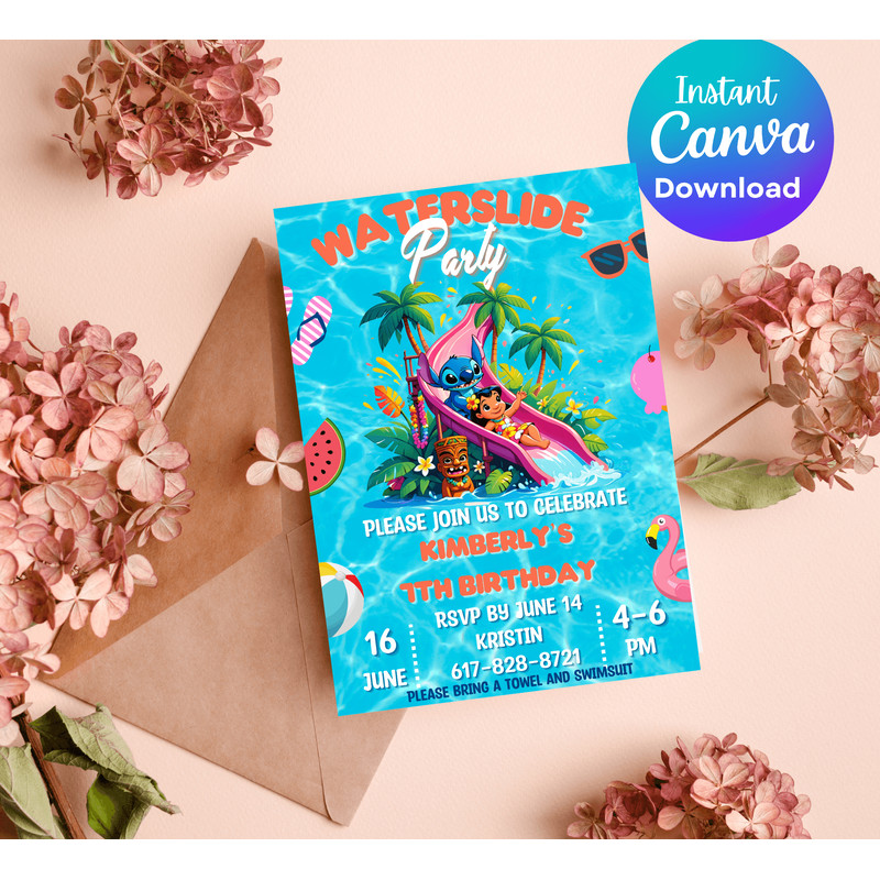 Stitch Lilo Tropical Hawaii Waterslide Birthday Invitation Luau Pool Party Invite Editable Canva 3