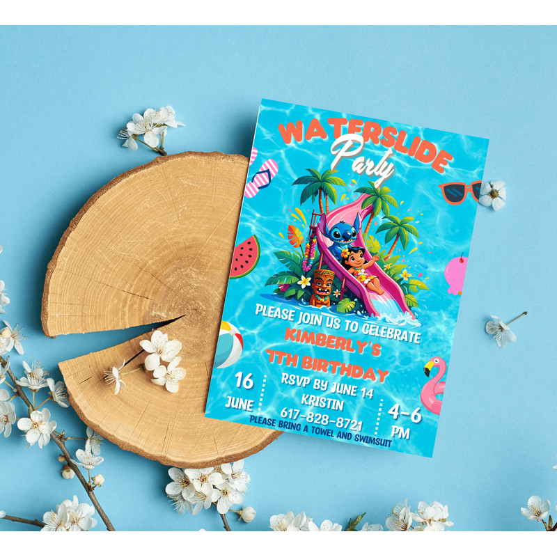 Stitch Lilo Tropical Hawaii Waterslide Birthday Invitation Luau Pool Party Invite Editable Canva 5
