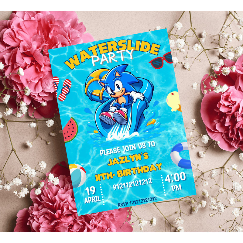 Sonic The Hedgehog Pool Party Invitation Waterslide Birthday Invite Editable Canva Template 1