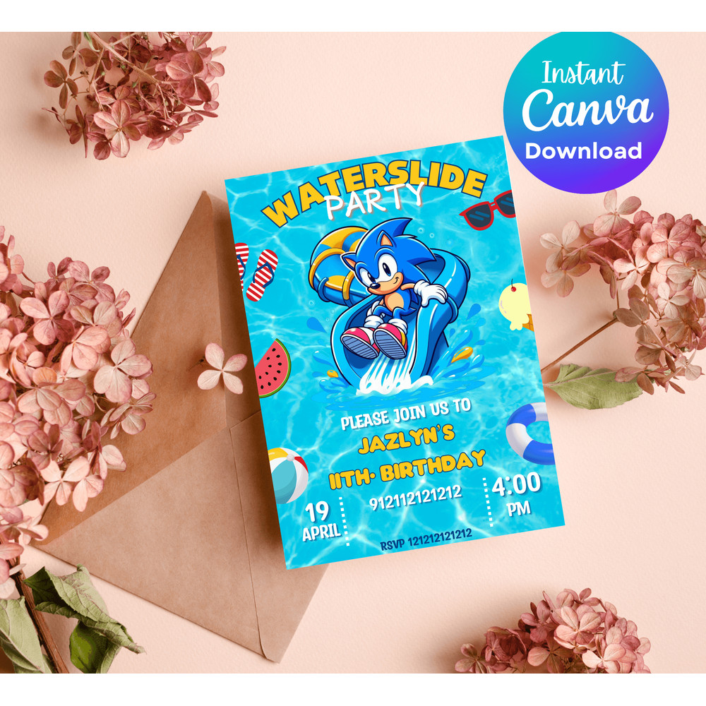 Sonic The Hedgehog Pool Party Invitation Waterslide Birthday Invite Editable Canva Template 2