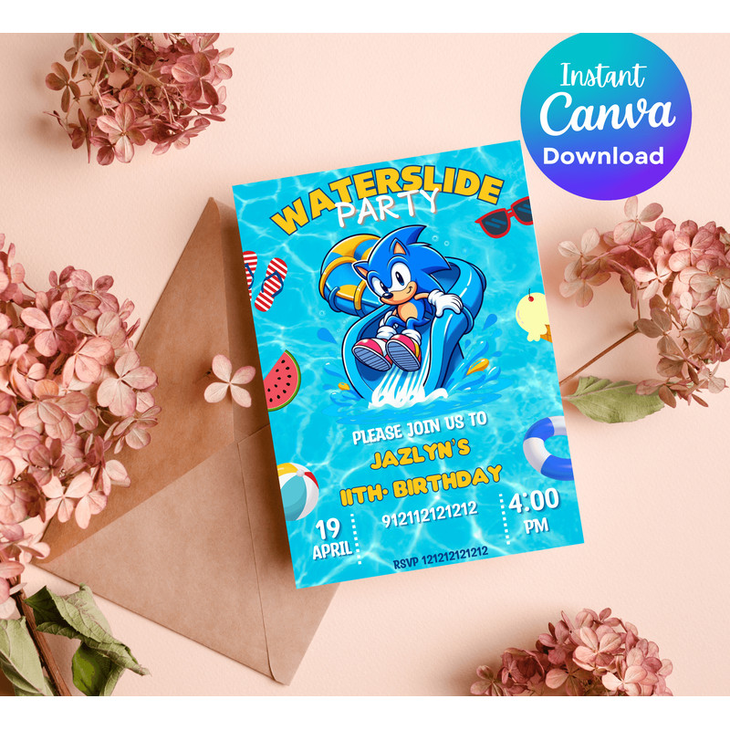 Sonic The Hedgehog Pool Party Invitation Waterslide Birthday Invite Editable Canva Template 2