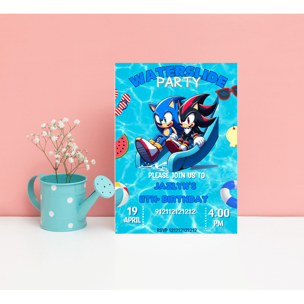 Sonic Shadow Pool Party Birthday Invitation Waterslide Summer Bash Editable Canva Template 0