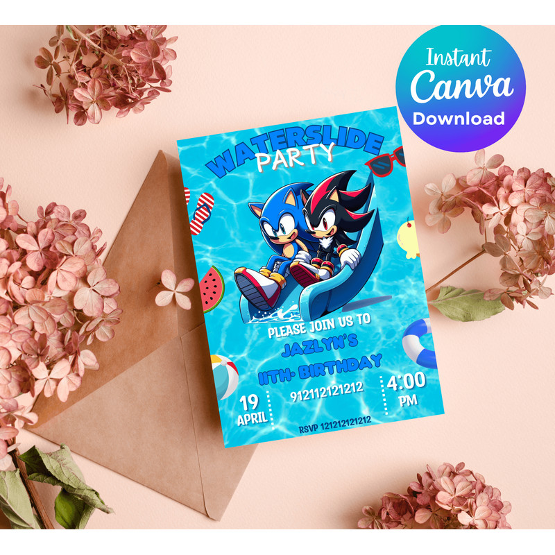 Sonic Shadow Pool Party Birthday Invitation Waterslide Summer Bash Editable Canva Template 3