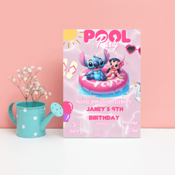 stitch & lilo pink pool birthday invitation | tropical summer splash party | editable canva template