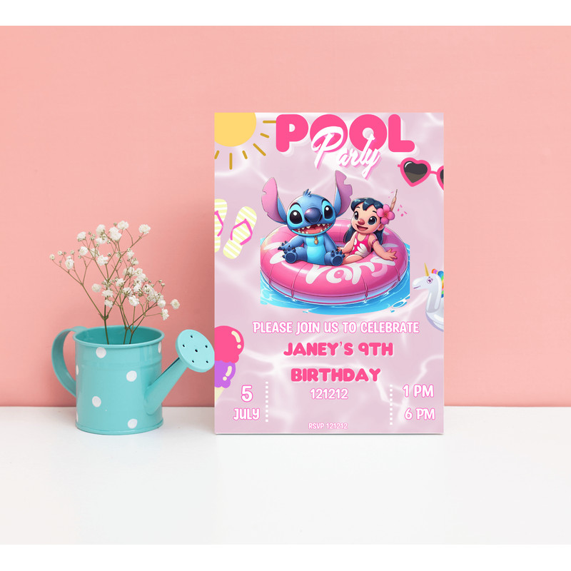 Stitch Lilo Pink Pool Birthday Invitation Tropical Summer Splash Party Editable Canva Template 0