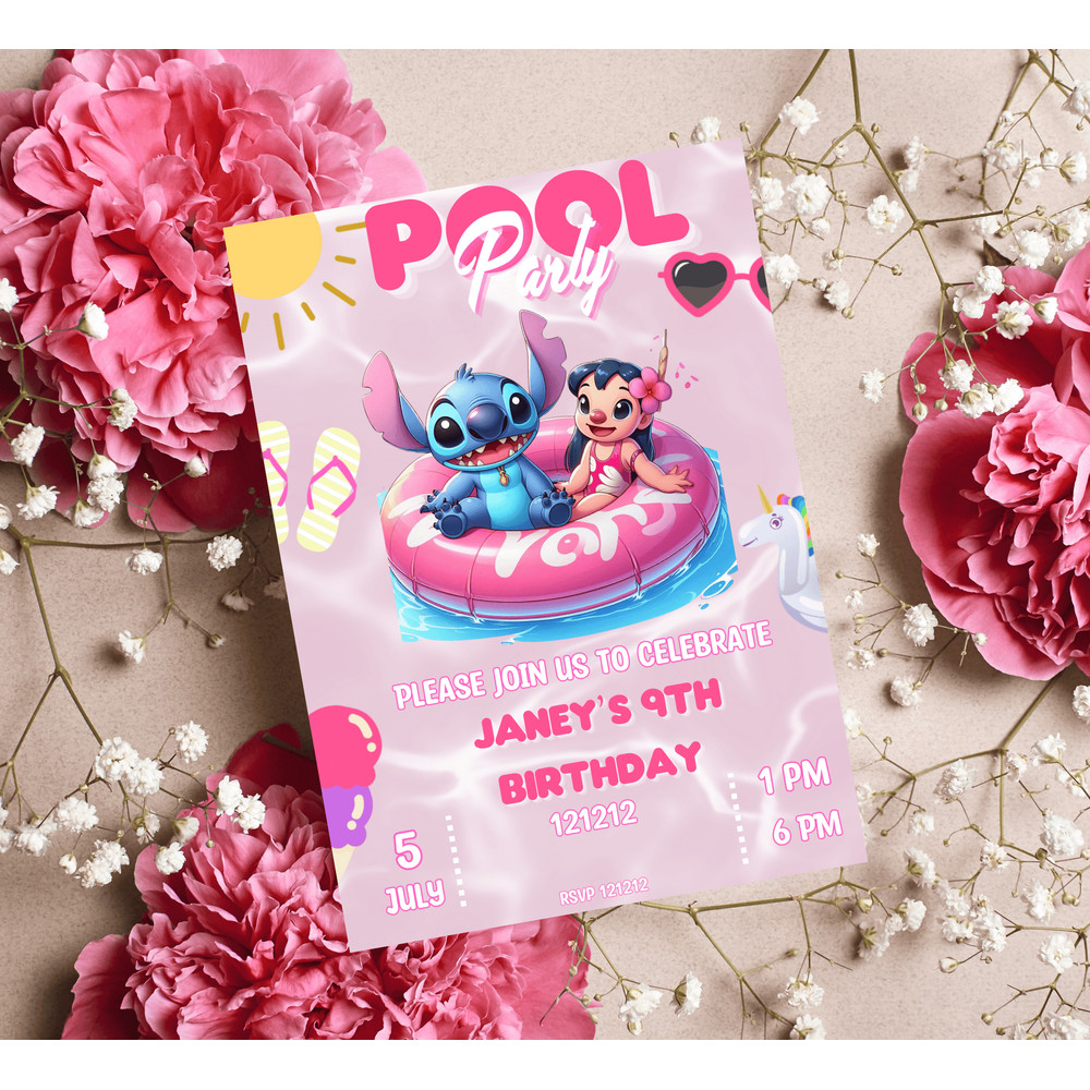 Stitch Lilo Pink Pool Birthday Invitation Tropical Summer Splash Party Editable Canva Template 2