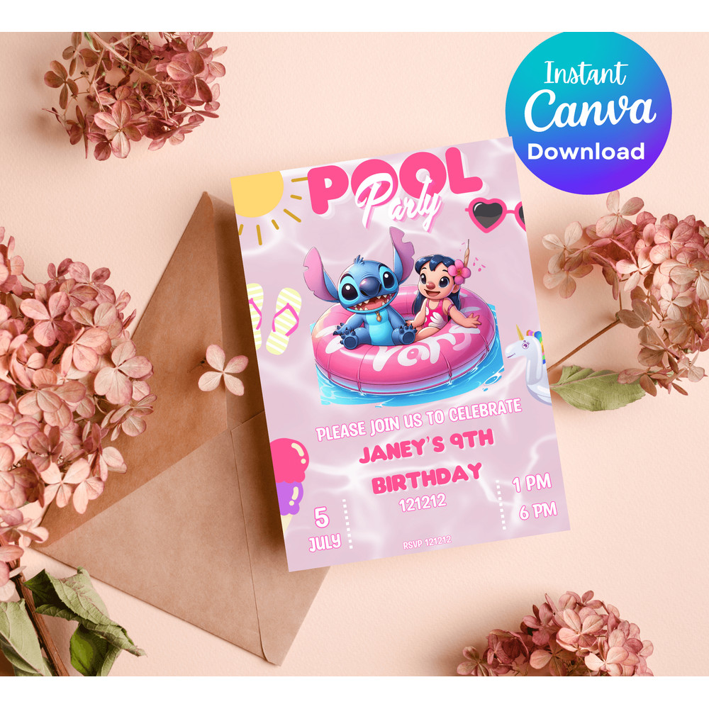 Stitch Lilo Pink Pool Birthday Invitation Tropical Summer Splash Party Editable Canva Template 3
