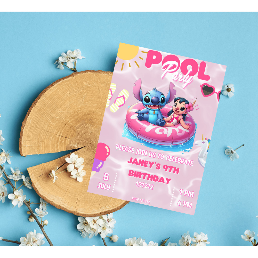 Stitch Lilo Pink Pool Birthday Invitation Tropical Summer Splash Party Editable Canva Template 4