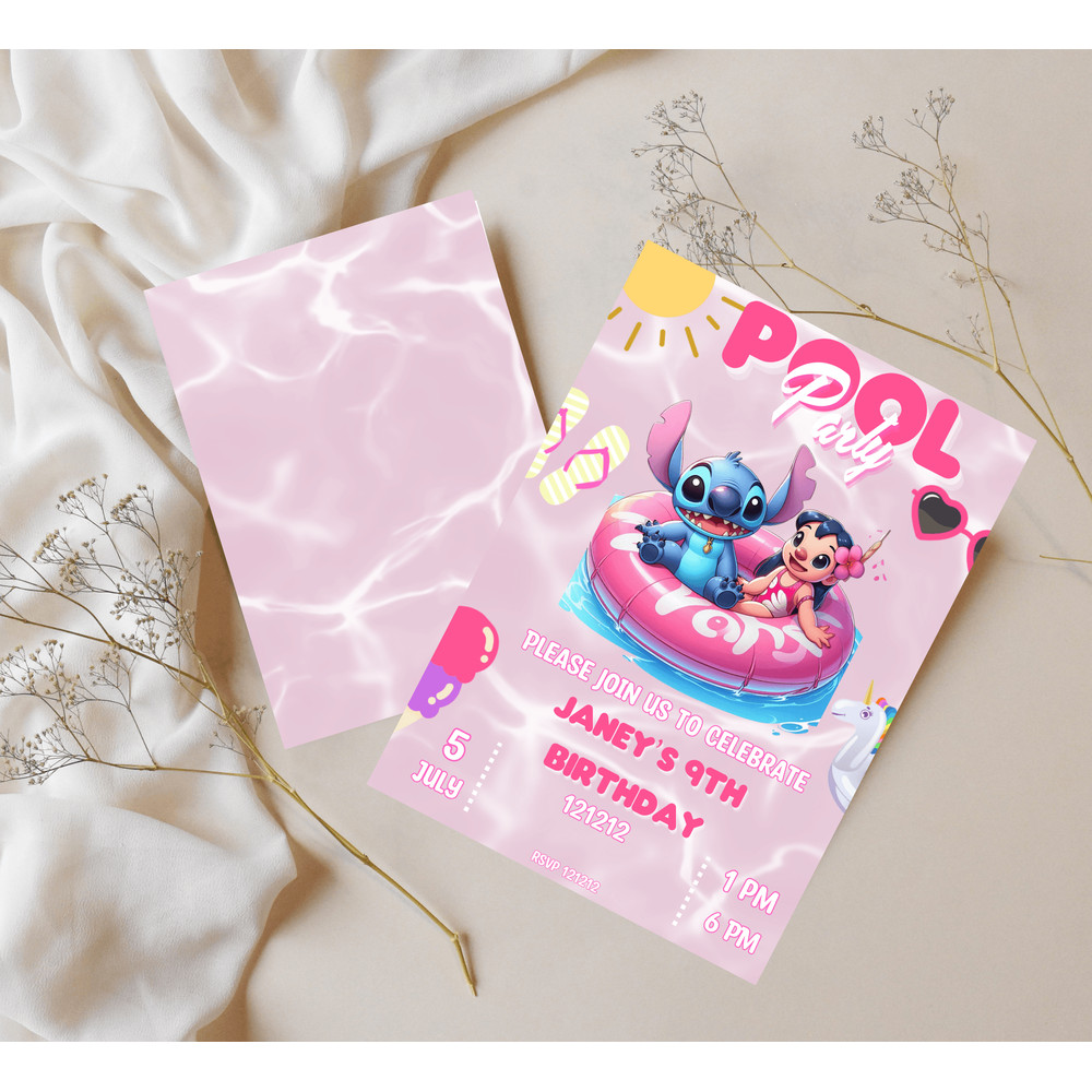 Stitch Lilo Pink Pool Birthday Invitation Tropical Summer Splash Party Editable Canva Template 5
