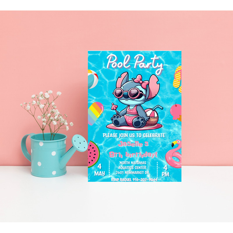Stitch Lilo Pool Party Birthday Invitation Tropical Luau Summer Bash Editable Canva Template 0