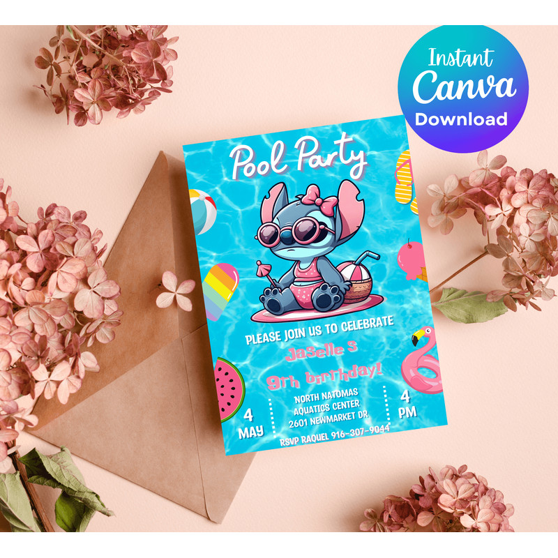 Stitch Lilo Pool Party Birthday Invitation Tropical Luau Summer Bash Editable Canva Template 3