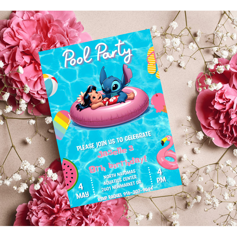 Stitch Lilo Pool Party Birthday Invitation Tropical Luau Summer Bash Editable Canva Template 1