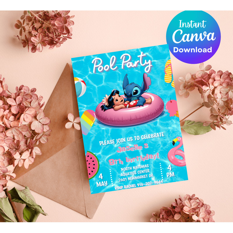 Stitch Lilo Pool Party Birthday Invitation Tropical Luau Summer Bash Editable Canva Template 2