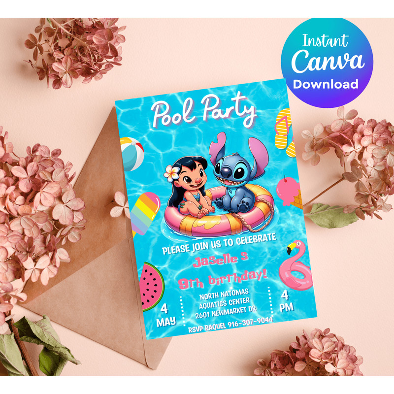 Lilo Stitch Pool Birthday Invitation Tropical Party Fun 4