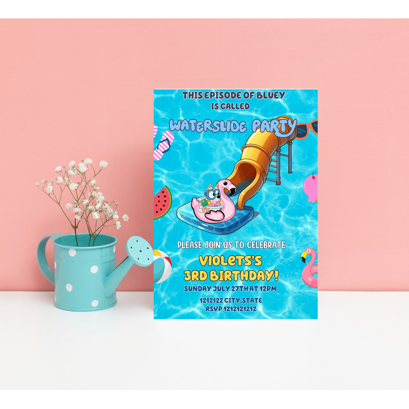 Bluey Waterslide Pool Party Invitation Heeler Dog Summer Birthday Invite Editable Canva Template 0