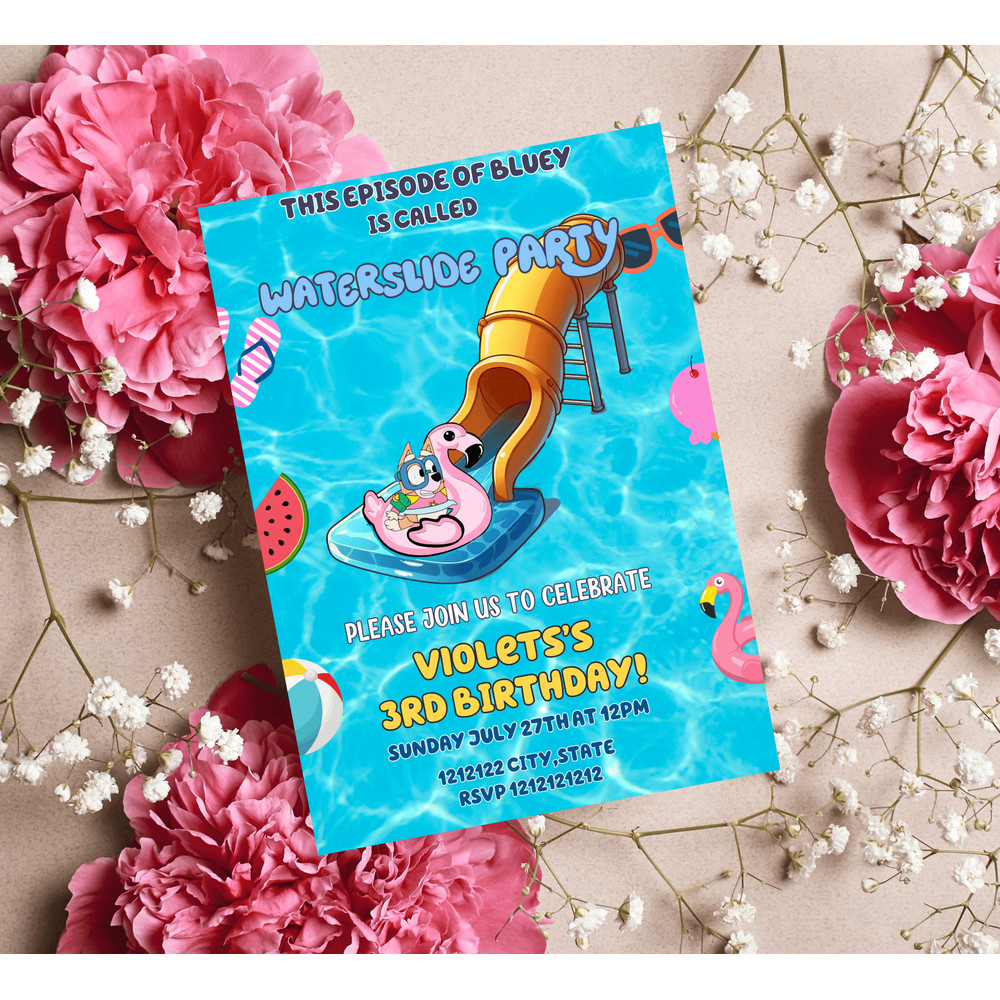 Bluey Waterslide Pool Party Invitation Heeler Dog Summer Birthday Invite Editable Canva Template 2