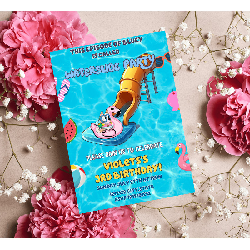 Bluey Waterslide Pool Party Invitation Heeler Dog Summer Birthday Invite Editable Canva Template 2
