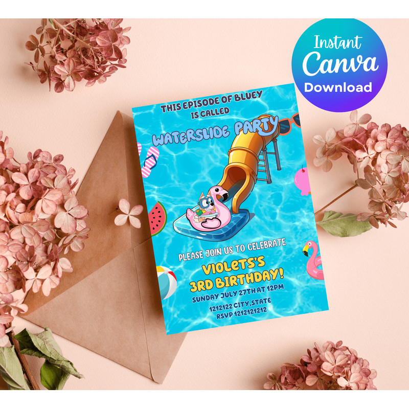Bluey Waterslide Pool Party Invitation Heeler Dog Summer Birthday Invite Editable Canva Template 3