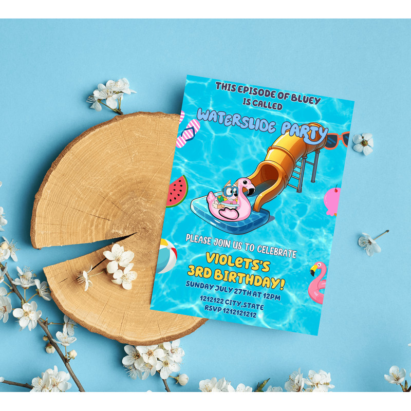 Bluey Waterslide Pool Party Invitation Heeler Dog Summer Birthday Invite Editable Canva Template 4