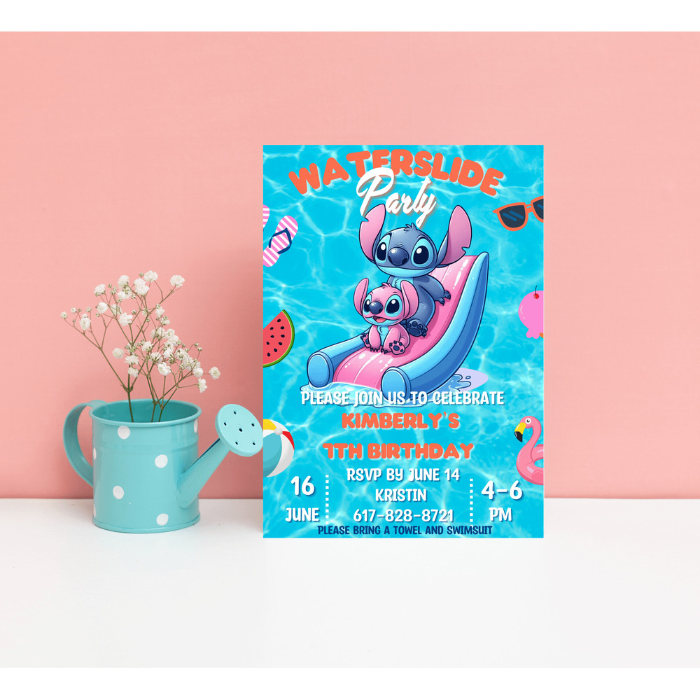 Stitch Angel Waterslide Pool Birthday Invitation Tropical Pool Party Invite Editable Canva Templ 0