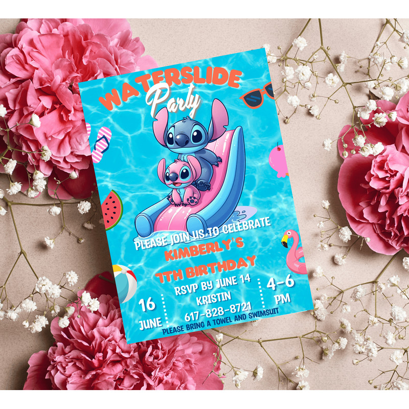 Stitch Angel Waterslide Pool Birthday Invitation Tropical Pool Party Invite Editable Canva Templ 2