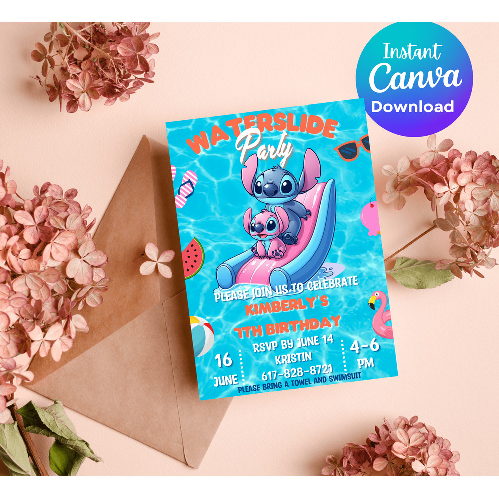 Stitch Angel Waterslide Pool Birthday Invitation Tropical Pool Party Invite Editable Canva Templ 3