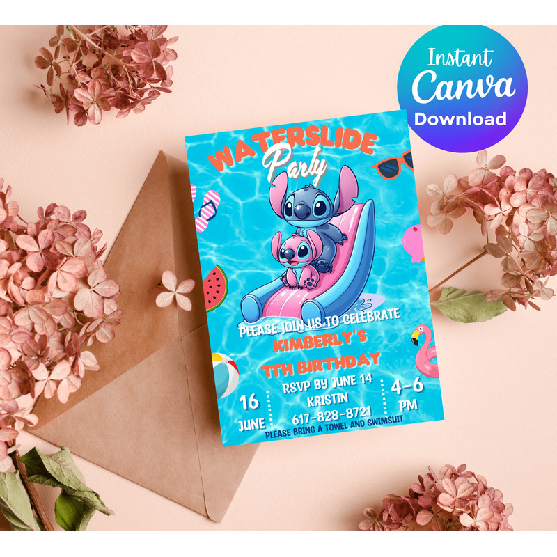 Stitch Angel Waterslide Pool Birthday Invitation Tropical Pool Party Invite Editable Canva Templ 3