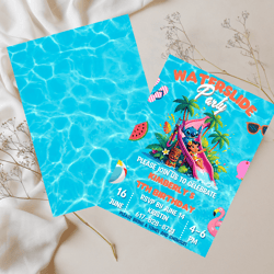 stitch lilo tropical hawaii waterslide birthday invitation | luau pool party invite | editable canva template | summer p
