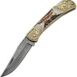 damascus steel fancy folding knife with stag handle
