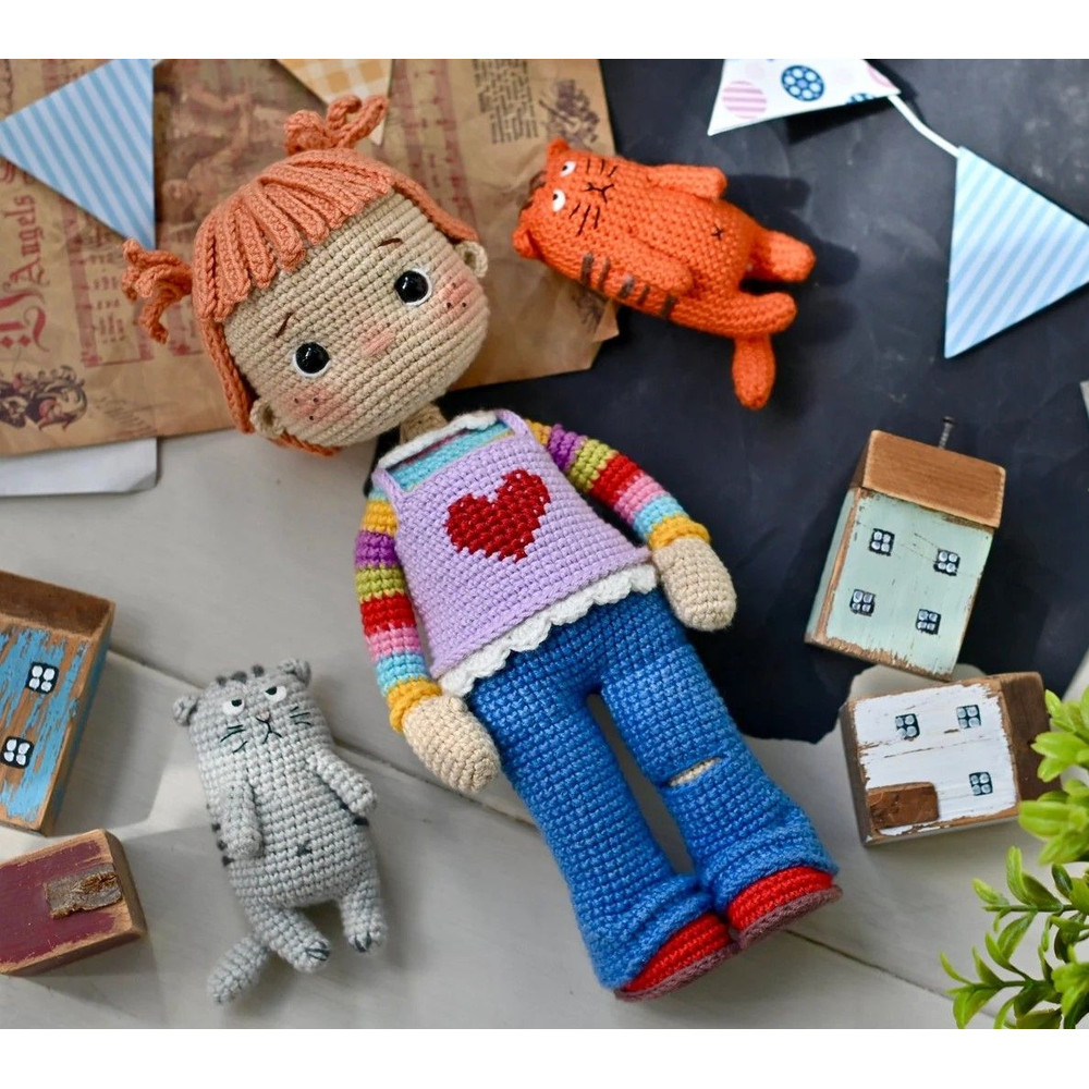 Handmade Crochet Doll  Amigurumi Girl With Heart Sweater  Soft Toy Gift  Wald 0