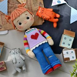 handmade crochet doll | amigurumi girl with heart sweater | soft toy gift | wald