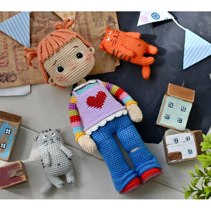 Handmade Crochet Doll  Amigurumi Girl With Heart Sweater  Soft Toy Gift  Wald 0